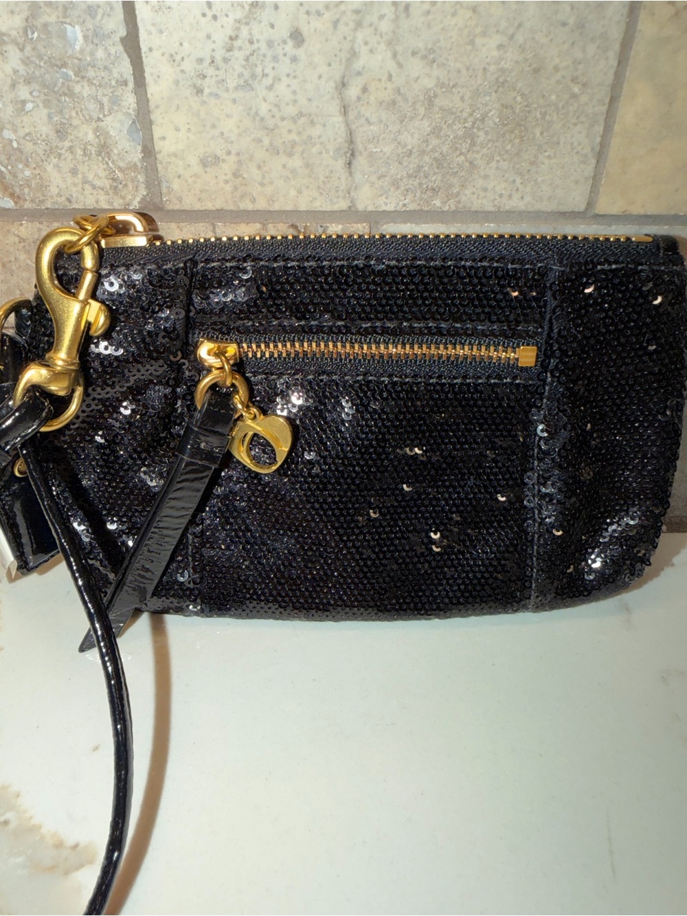 Coach Black Sequin Poppy Wristlet  with Gold Hardware